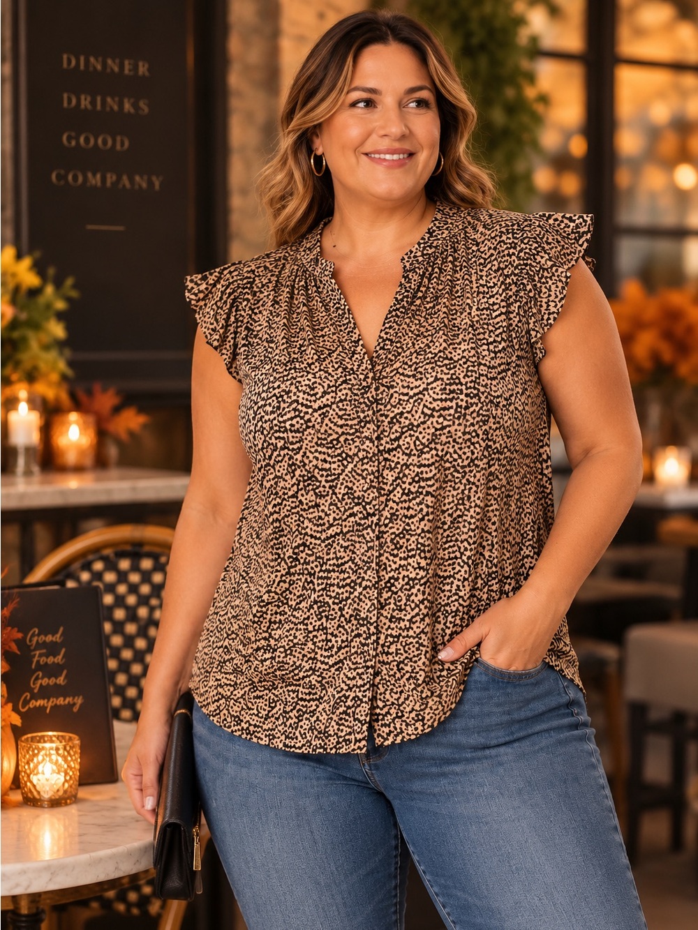 Saks Fifth Avenue Animal Print Ruffle Sleeve Blouse Top Large